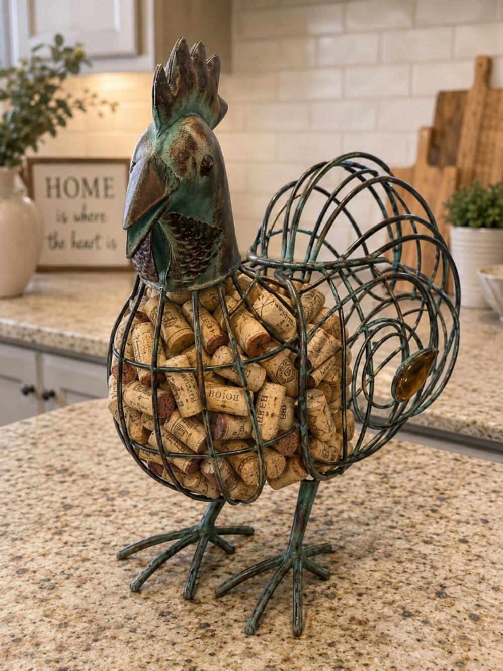 Oak and Olive Wire Rooster Free Standing For Wine Cork Storage